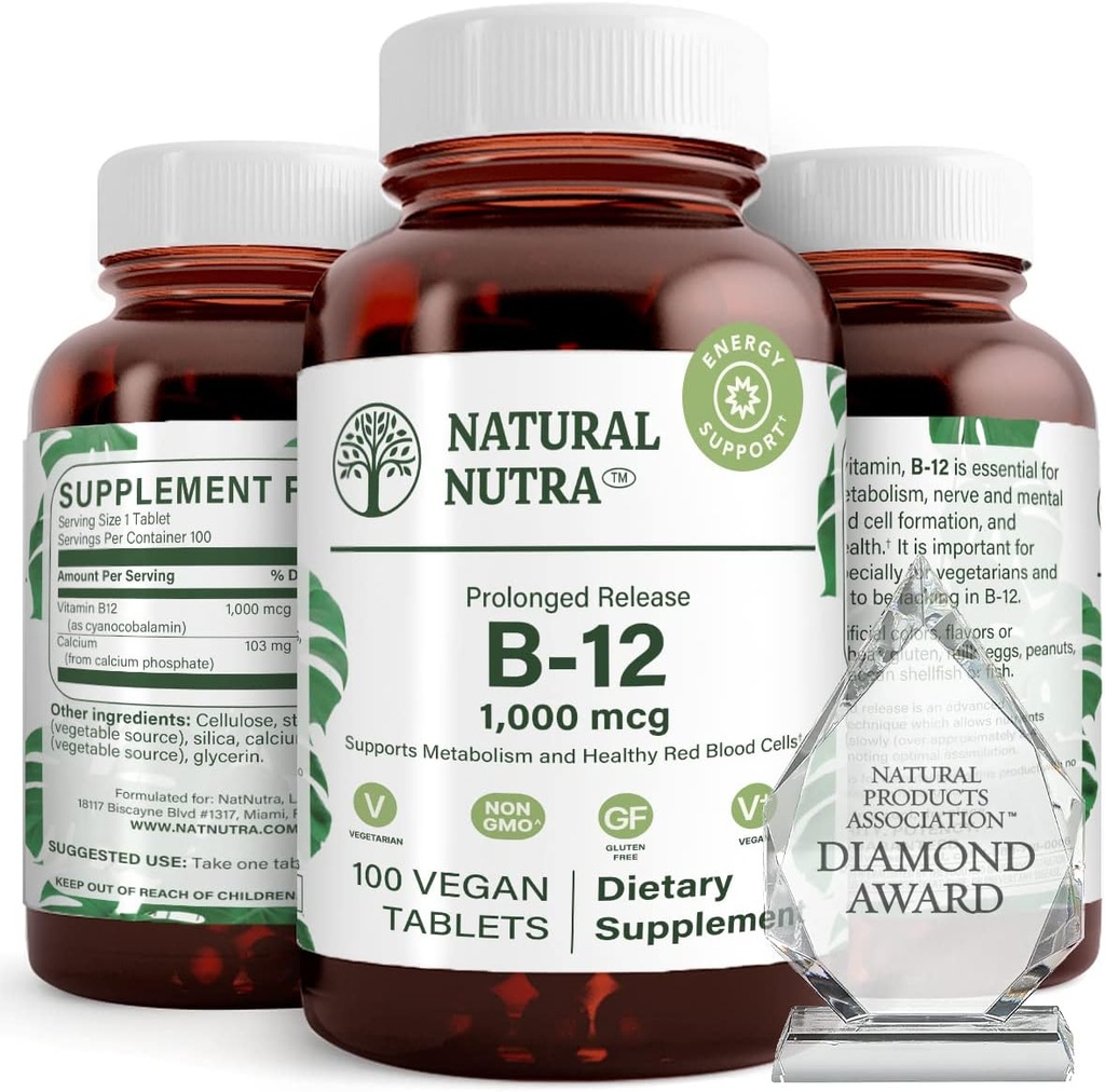 Doğal Nutra Vitamin B12 1000 mcg, Kalp ve Sinir Sağlığı, Cobalamin B12 Tamam, Kalsiyum Phosphate, Metabolism Health, Optimal Abhidrasyon, Gluten Free, Sugar Free, 100 Vegan Tabletler