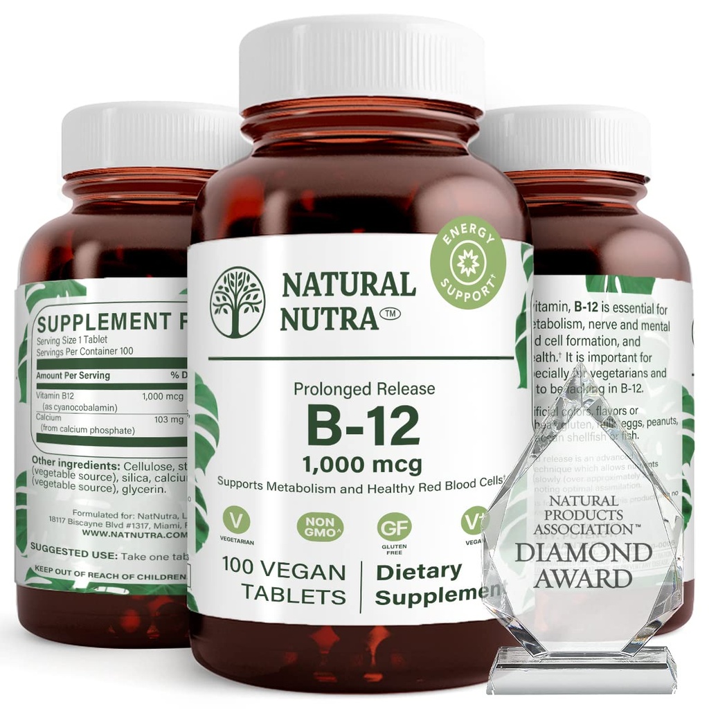 Doğal Nutra Vitamin B12 1000 mcg, Kalp ve Sinir Sağlığı, Cobalamin B12 Tamam, Kalsiyum Phosphate, Metabolism Health, Optimal Abhidrasyon, Gluten Free, Sugar Free, 100 Vegan Tabletler