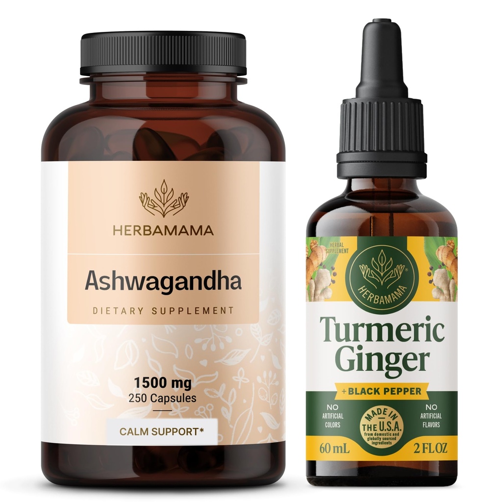 HERBAMAMA Ashwagandha ve Turmeric Ginger Kit - 1500 mg Ashwagandha Root Capsules & Turmeric Ginger Tincture 2 fl oz - Vegan, Non-GMO, Sugar & Alkol-Free - 2 Pack