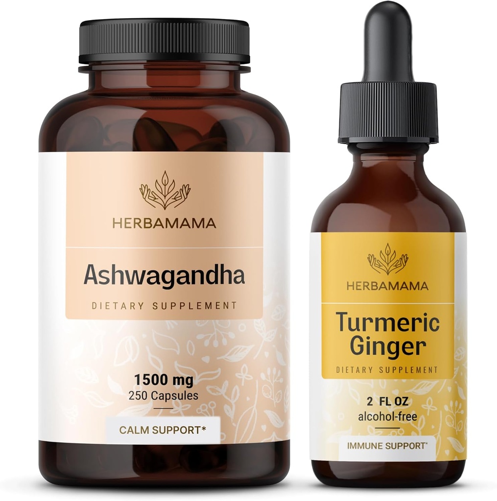 HERBAMAMA Ashwagandha ve Turmeric Ginger Kit - 1500 mg Ashwagandha Root Capsules & Turmeric Ginger Tincture 2 fl oz - Vegan, Non-GMO, Sugar & Alkol-Free - 2 Pack