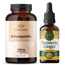 HERBAMAMA Ashwagandha ve Turmeric Ginger Kit - 1500 mg Ashwagandha Root Capsules & Turmeric Ginger Tincture 2 fl oz - Vegan, Non-GMO, Sugar & Alkol-Free - 2 Pack