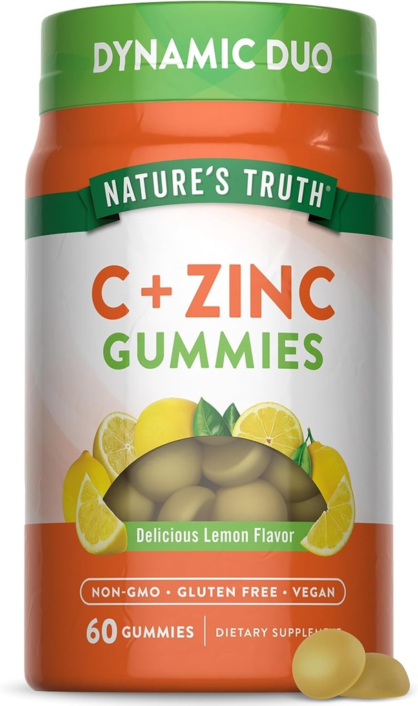 Nature's Truth Vitamin C Gummies with Çinko for Yetişkinler | 60 sayı | Immune Support | Vegan, Non GMO & Gluten Free Supplement Supplement