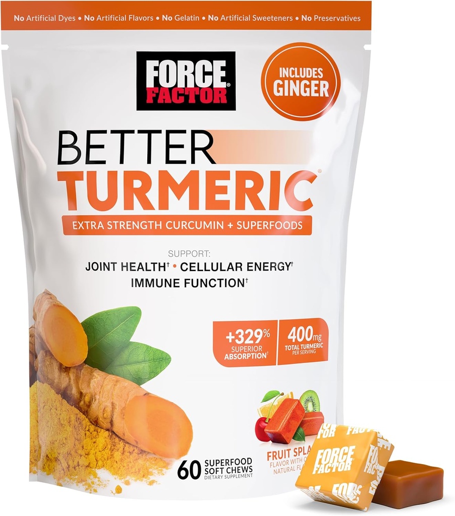 FORCE FACTOR Better Turmeric Supplement 400mg with Black Pepper & Ginger, Ekstra Güçlü Ortak Destek, Üstün Aborpsiyon, Turmeric Gummies, Meyve Yolu, 60 Turmeric Chews