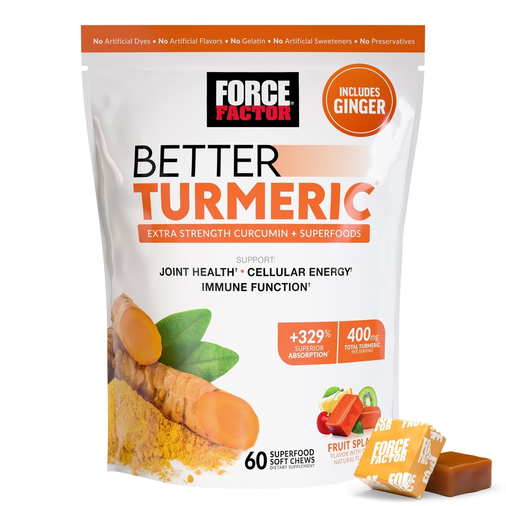 FORCE FACTOR Better Turmeric Supplement 400mg with Black Pepper & Ginger, Ekstra Güçlü Ortak Destek, Üstün Aborpsiyon, Turmeric Gummies, Meyve Yolu, 60 Turmeric Chews
