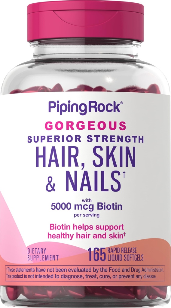 Piping Rock Hair Skin ve Nails Kadınlar ve Erkekler için Vitaminler | 165 Softgels | 5000 mcg of Biotin Ekstra Kuvvet | Argan ve Coconut Oil | Non-GMO, Gluten Free Supplement Supplement