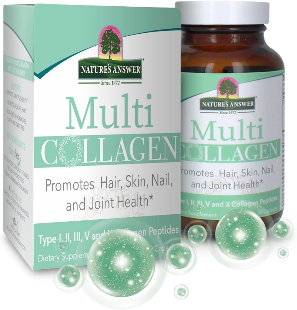 Nature's Answer – Multi Collagen Capsules Tip I, II, III, V & X Food Source Collagen Nail Tavsiyeler ve Destekler Saç, Skin, Nail ve Ortak Sağlık GMO | Pasture Yükseltme | Cage Free