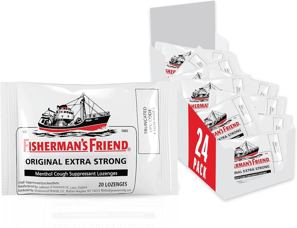Fisherman's Friend Cough Drops, Cough Suppressant ve Sore Throat Lozenges, Original Ekstra Güçlü, 10 mg Menthol, 480 Drops (24 Packs of 20)
