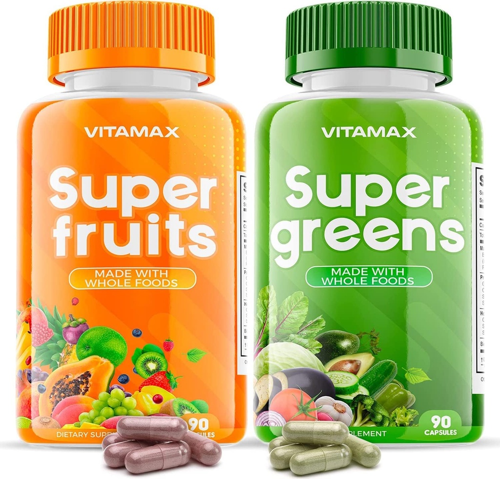 Vitamax Super Meyve ve Sebze Supplements – Tüm Superfood Vitaminleri ve Mineralleri – Kadınlar için 90 Veggie ve 90 Meyve Kapsülleri, Erkekler ve Çocuklar - Soy Free - ABD'de Yap