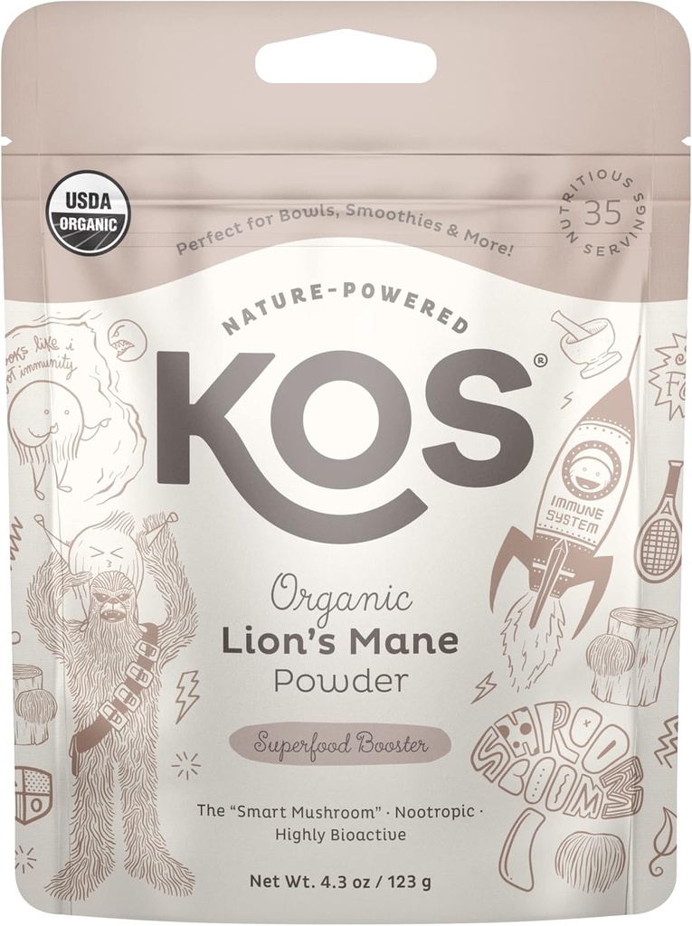 KOS Organic Lion's Mane Powder - Natural Nootropic Superfood to Support Focus - Vegan Functional Mushroom, Plant Based, USDA Certified, Non-GMO, Soy & Gluten-Free - 35 Σερβιρίσματος Τσάντα