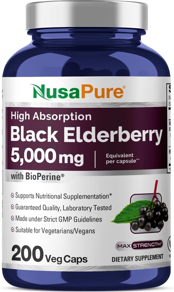 NusaPure Black Elder 50:1 Ekstraksiyon, Veggie Capsules başına 100 mg Eşdeğer, 200 Kont (Non-GMO, Bioperine) Sambucus Tamam