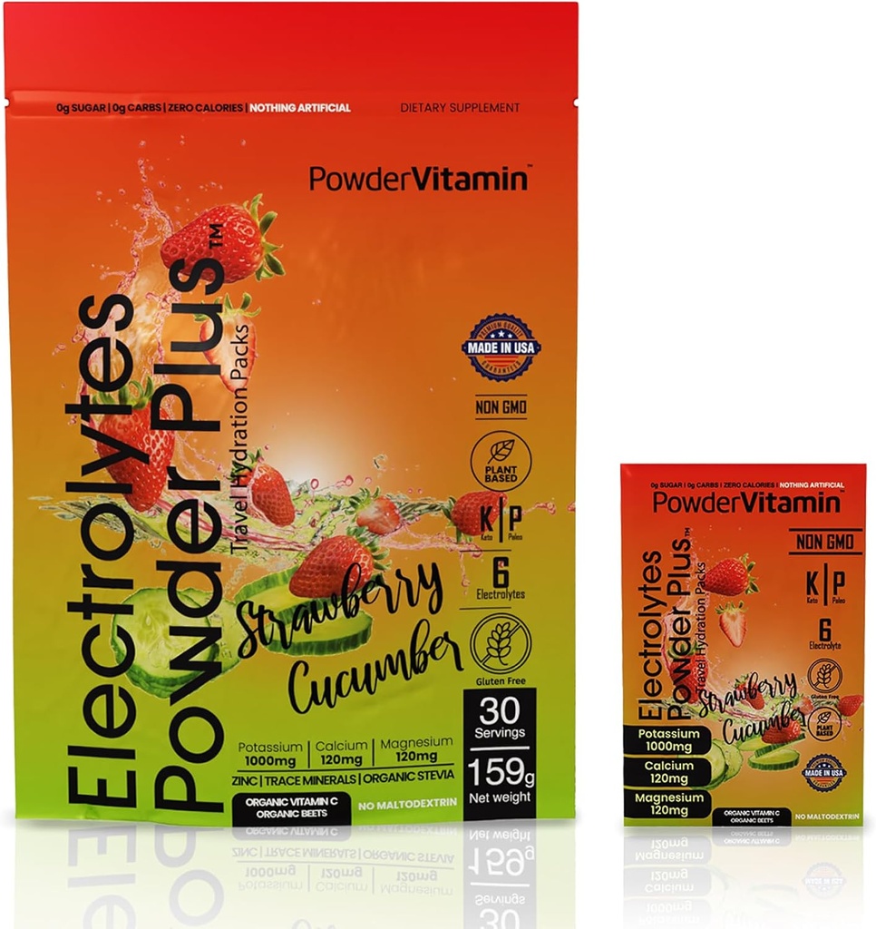 PowerVitamin Electrolytes Toz Paketleri - Strawberry Cucumber - Daily Energy için Keto Electrolytes - 1000 mg P properties, 120 mg Magnezyum, Zero Calories - 30 Hydration Packets