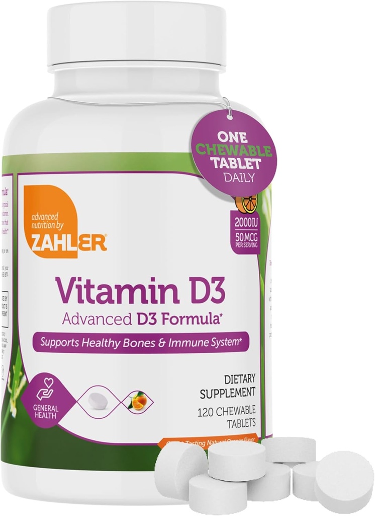Zahler Vitamin D3 CHEWABLE 2000IU, All- Natural Supplement Targeting Vitamin D Deficiencies, Sertifikalı Kosher, 120 Great Tasting Orange Flavored Tabletler