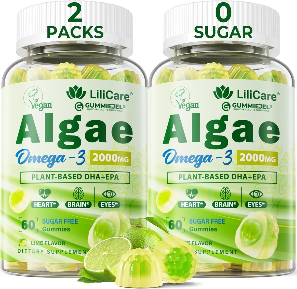 Ωμέγα 3 Gummies 2200mg από Algae Oil (DHA 640mg & EPA 290mg) για γυναίκες & άνδρες, Vegan Omega 3 Fish Oil Εναλλακτική, w/CoQ10, Ασταξανθίνη, Βιταμίνη Α, Ε, D3 για εγκέφαλο, μάτι, αντιοξειδωτικό, Χωρίς ζάχαρη 2Packs