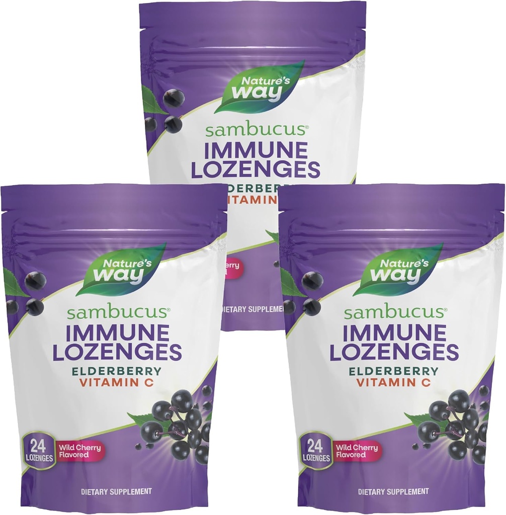 Τρόπος της φύσης Sambucus Ανοσοποιητικό Lozenges, υψηλής ισχύος βιταμίνη C, Elderberry, Άγριο κερασάκι Γεύση, 24 Lozenges (συσκευασία Μαΐου Vary) - 3 Pack