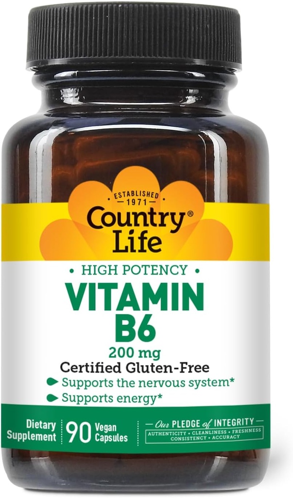 Country Life Vitamin B-6, High Potency, Supports Energy and The Nervous System, 200mg, 90 Vegan Capsules, Certified Gluten Free, Certified Vegan, Certified Halal…