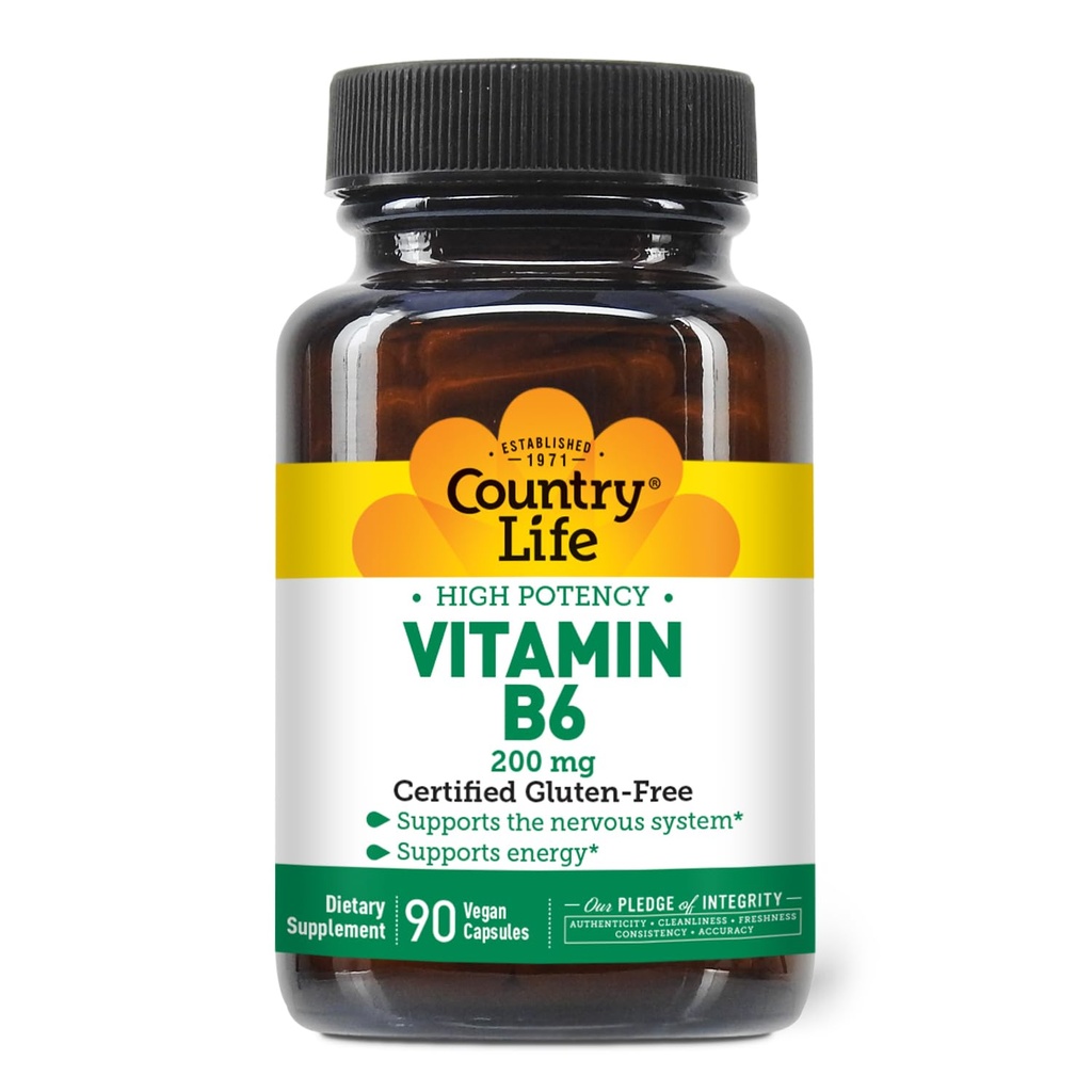 Country Life Vitamin B-6, High Potency, Supports Energy ve The Nervous System, 200 mg, 90 Vegan Capsules, Sertifikalı Gluten Free, sertifikalı Vegan, Onaylanmış Halal...