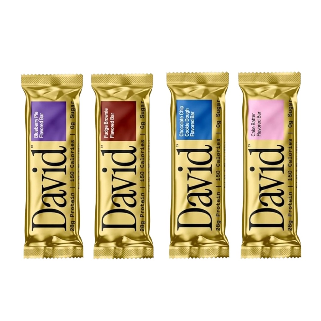 David, Protein Bar, Sample Pack, Variety Pack, Pack of 4 Protein Bars | 28g of Protein | 150 Calories | 0g of Sugar - High Protein, Low Carb, Gluten Free Protein Bar