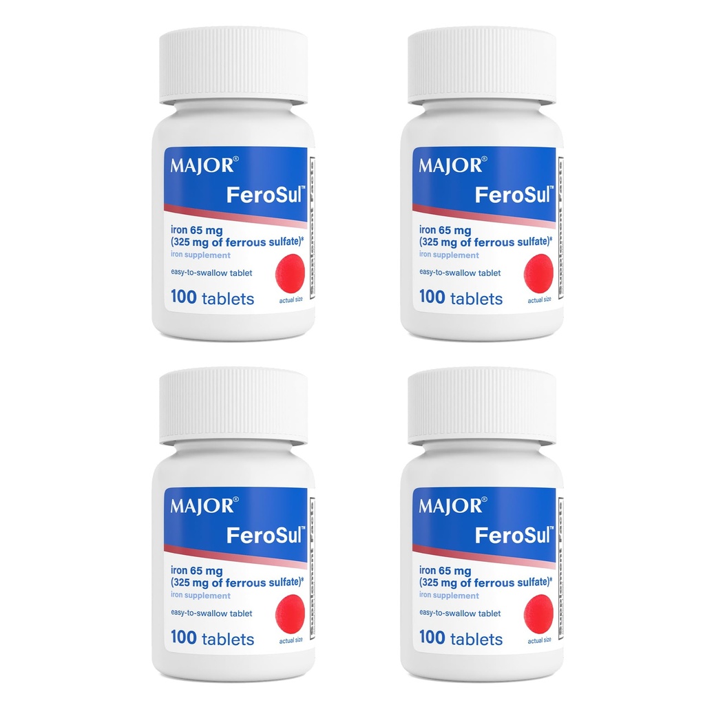 Major FeroSul - Σιδήρου Sulfate 325 mg δισκία - Συμπλήρωμα σιδήρου για γυναίκες και άνδρες - Ειδικά Επικαλυμμένα δισκία Easy- to- Swallow - Red - 100 Count (4 Pack)