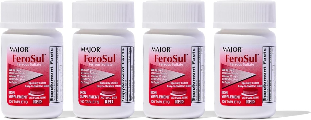 Major FeroSul - Ferrous Sulfate 325 mg Tablets - Iron Supplement for Women and Men - Specially Coated Easy-to-Swallow Tablets - Red - 100 Count (4 Pack)