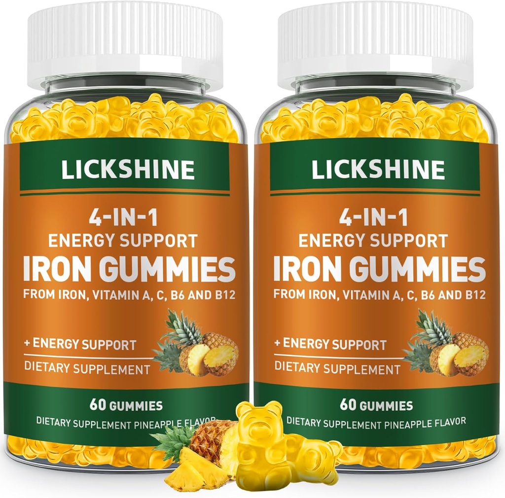 2 Pack Vegan 100MG Iron Supplement Gummies for Women & Men - with Vitamin C, A, B for Yetişkinler & Kids - Energy Support for Iron Deficiency, Anemia -app Pinele Flavor (120 Ct)