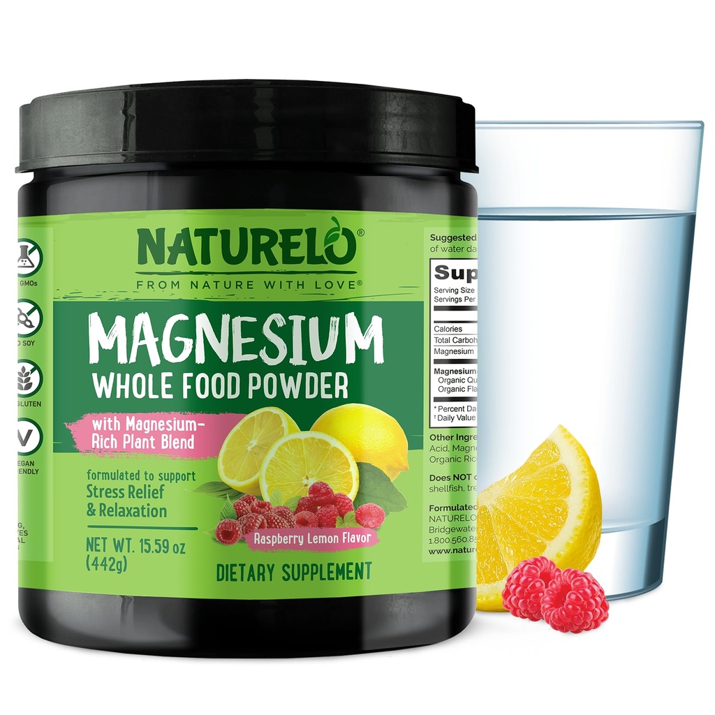 NATLO Magnezyum Toz - Tüm Gıda Calm Magnezyum Tozu Quinoa, Cauliflower ve Stres Yardımı için Flaxseed, Raspberry Lemon 85 Hizmet, 15oz