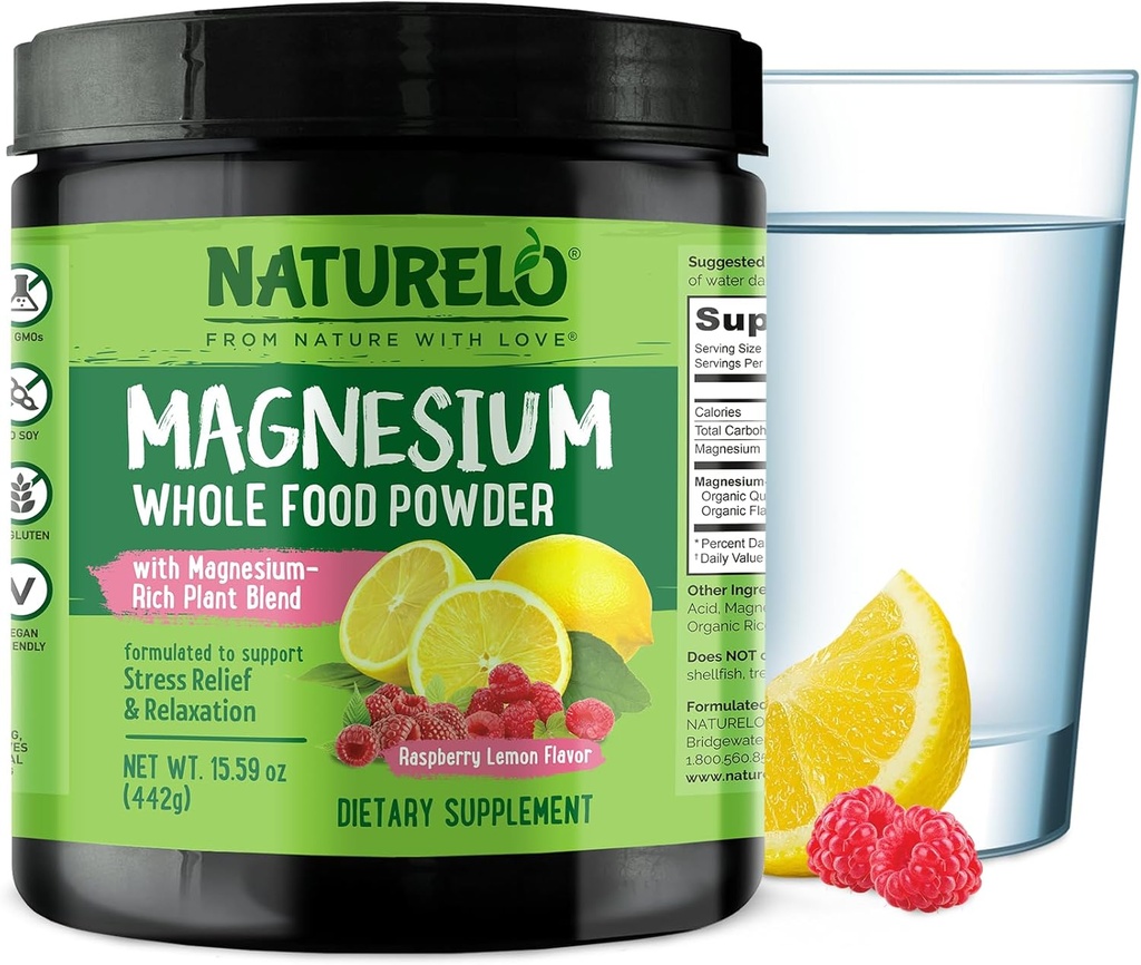 NATLO Magnezyum Toz - Tüm Gıda Calm Magnezyum Tozu Quinoa, Cauliflower ve Stres Yardımı için Flaxseed, Raspberry Lemon 85 Hizmet, 15oz