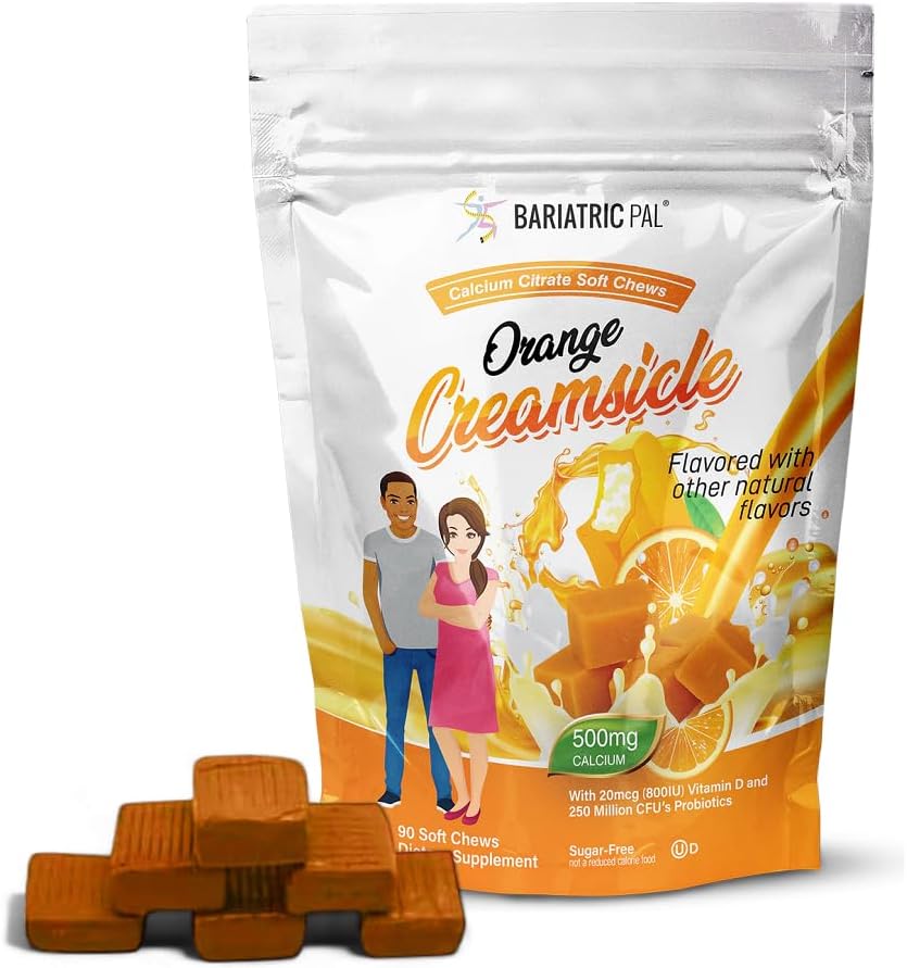 BariatrikPal Sugar-Free Food Citrate Soft Chews | 500 mg with Vitamin D & Probiyotiks | Orange Creamsicle | 90 Count (1 Ay Supply)