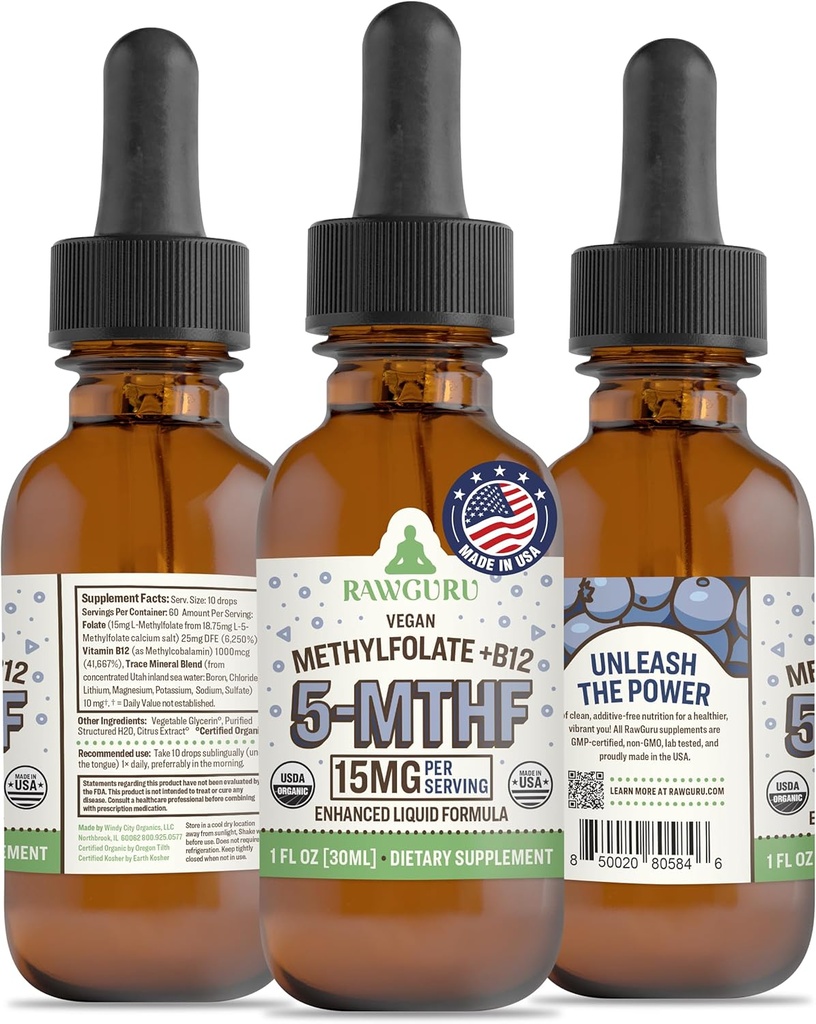 RawGuru L-Methylfolate 15 mg + Vitamin B12 - Organik Vegan Meygun B12, Trace Mineralleri ile - Nano-Processed & Geliştirilmiş Sıvı Formula - 300 30 ml'ye kadar Vegan Drops'a hizmet ediyor