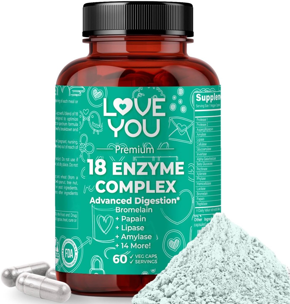 Love You 18 Enzyme Kompleksi – Plant-Based Digestive Enzymes for Women & Men | Supports Nutrient Abxia & Digestive Comfort | 60 Vegan Capsules ABD'de Yapılan