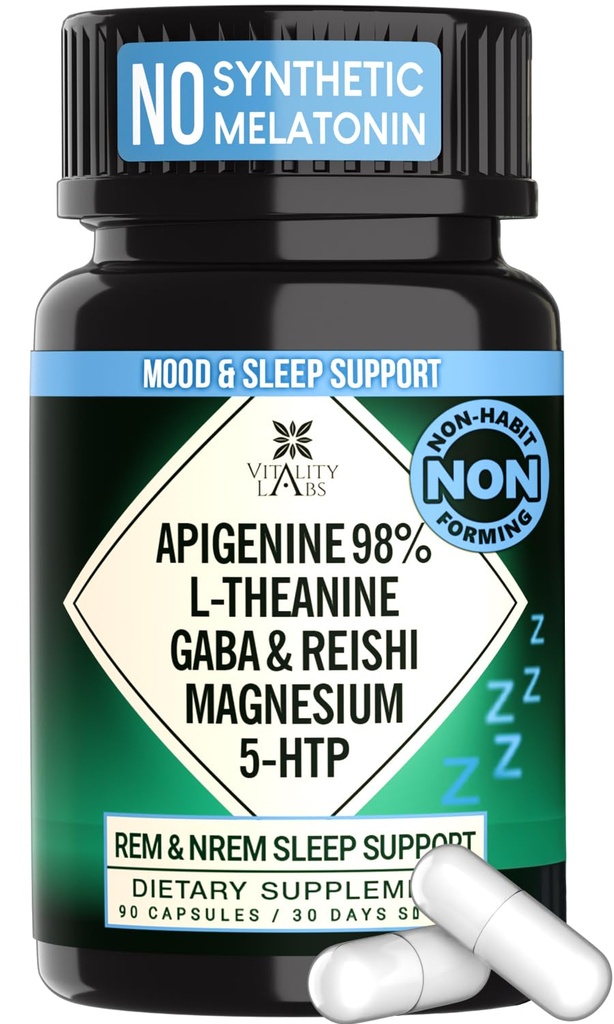 Melatonin Olmadan Yetişkinler için Doğal Uyku Yardımı Tamam - Askıya alma Herbal Uyku - GABA, L-Theanine, Reishi Mushroom, Apigenin, Magnezyum Glycinate, 5-HTP - 90 Vegan Capsules