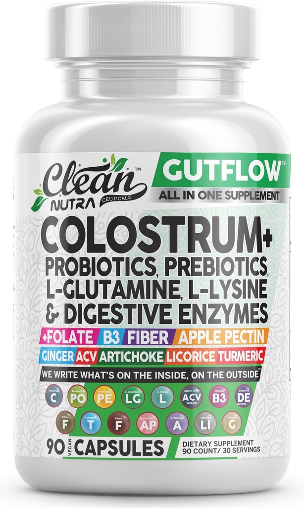 Temiz Nutraceuticals Colostrum Supplement Capsules Probiyotiks Pills Prebiyotiks, L-Glutamine, Digestive Enzymes, Folate, Fiber, ACV, Turmeric, Apple Pectin ve Turmeric Pills