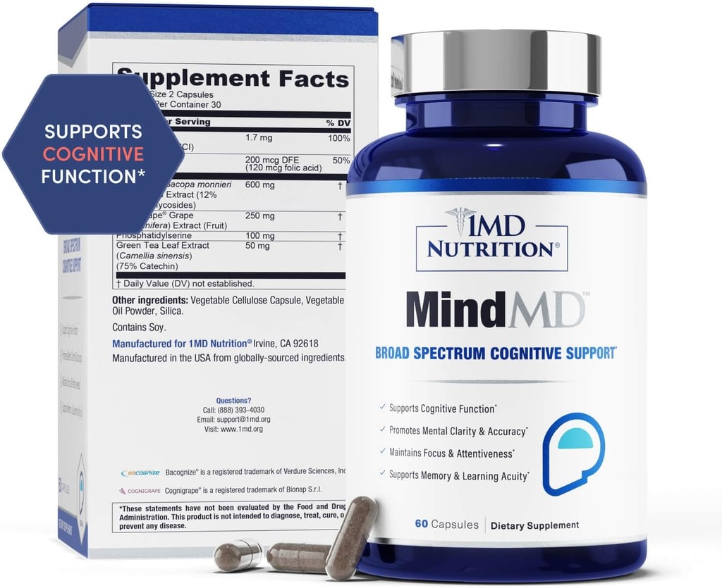1MD Διατροφή MindMD - Συμπλήρωμα εγκεφάλου για τη μνήμη και την εστίαση - Bacopa Monnieri για Nootropic Brain Υποστήριξη - Συμπλήρωμα Εγκεφαλικής Υγείας για Ενήλικες - με Βιταμίνη B6 & Πράσινο Τσάι Εκχύλισμα - 120 Caps