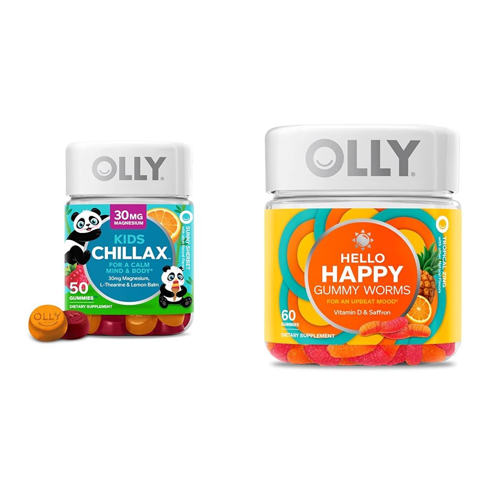 OLLY Παιδιά Chillax, Μαγνήσιο Gummies Plus L-Θεανίνη, Λέμον Μπαλμ & Γεια σας Ευτυχισμένο Gummy Σκουλήκια, Υποστήριξη ισορροπίας Mood, Βιταμίνη D, Saffron, Ενηλίκων Chewable Supplement, Tropical Zing - 60 Count