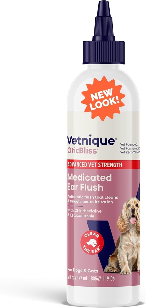 Vetnique Oticbliss Advanced Strength Medicated Dog Ear Enfeksiyon Tedavisi, Antisptik Kulak Bakımı Cat & Dog Ear Temizlik Çözümleri Chlorhexidine & Ketoconazole (6oz Flush)