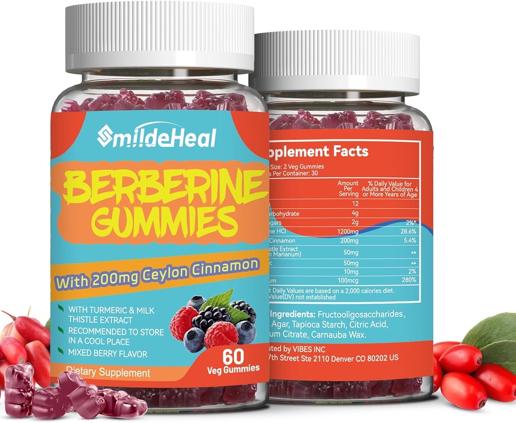 2 Pack Berberine Gummies, Ceylon Cinnamon 200 mg ile 1200 mg, Süt Butle Extract & Turmeric, Vegan Berry Flavor, Non-GMO, Gelatin-Free, Gluten-Free, 120 Count