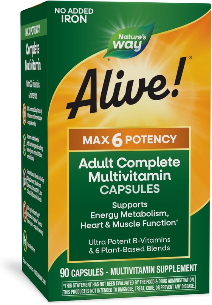 Doğanın Yolu Alive! Max6 Potency Adult Complete Multivitamin, Vitamins A,C, E & B-Vitamins Including Me12 & Folate, Supports Energy Metabolism*, No added Iron, 90 Capsules (Packating May Vary)