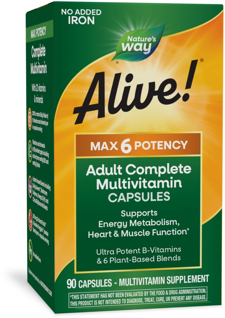 Doğanın Yolu Alive! Max6 Potency Adult Complete Multivitamin, Vitamins A,C, E & B-Vitamins Including Me12 & Folate, Supports Energy Metabolism*, No added Iron, 90 Capsules (Packating May Vary)