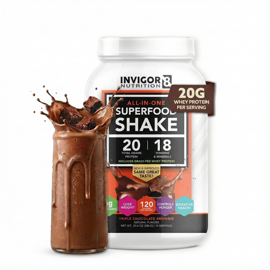 INVIGOR8 Superfood Grass Fed Whey Protein Isolate Shake Chocolate Brownie Gluten-Free and Non GMO Mealchange with Probiyotiks and Omega 3 (159g)
