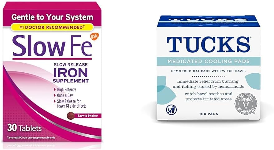 Yavaş Fe 45mg Demir Eksiklik Tabletleri ve Tucks Hemorrhoids için Soğutma Padleri için Tamamlandı, 100 Kont