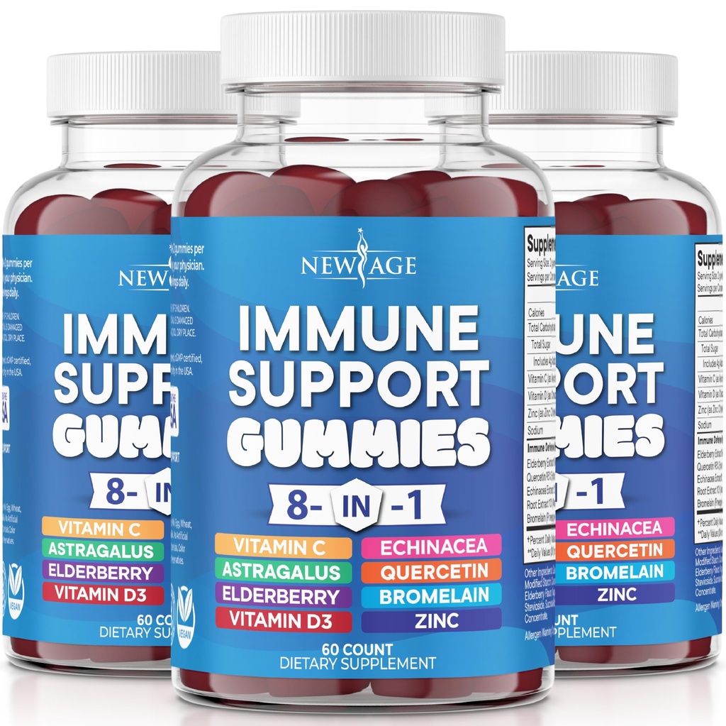NEW AGE 8 in 1 Immune Support ATM Supplement with Astragalus Root, Vitamin C ve çinko 50 mg, D 5000 IU, Quercetin & Bromelain (8 in 1 Gummies (Pack of 3))