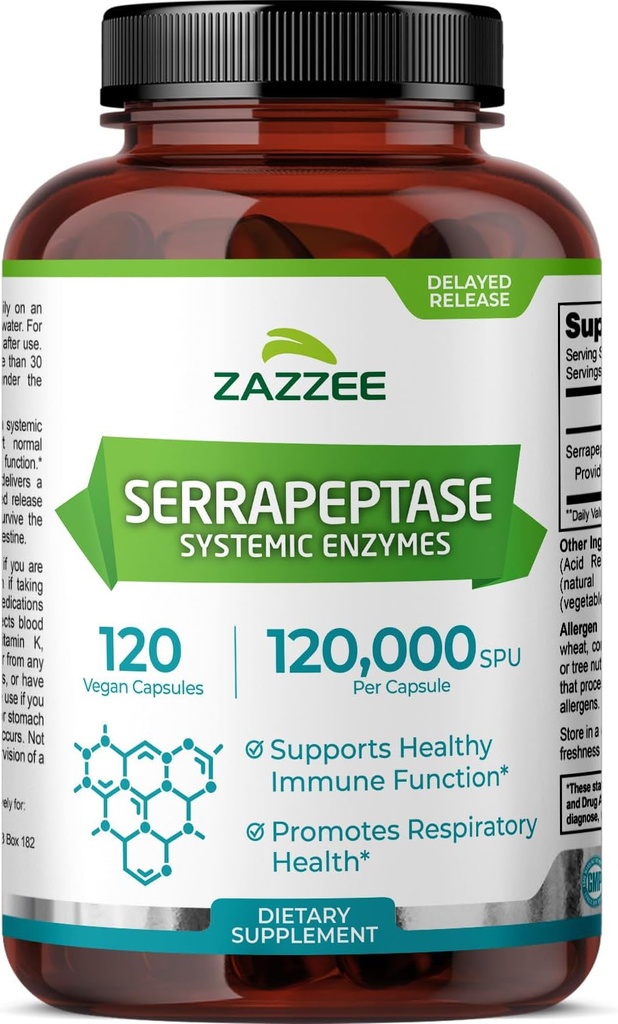 Zazzee Delayed Release Serrapeptase, 120,000 SPU per Capsule, 120 Vegan Capsules, 4 Month Supply, Extra Strength, Potent and Concentrated Systemic Enzymes, 100% Vegetarian, All-Natural and Non-GMO