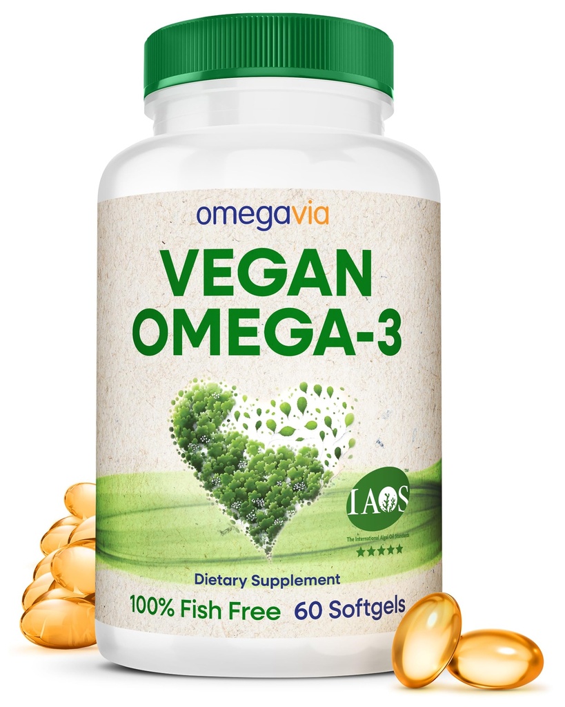 OmegaVia Vegan Omega 3 Supplement, Algae Omega 3 Fish Oil Alternative, 300mg Vegan DHA Fatty Acids, Plant Based, Planet and Ocean Friendly, IAOS 5 Star Tested, 60 Softgels