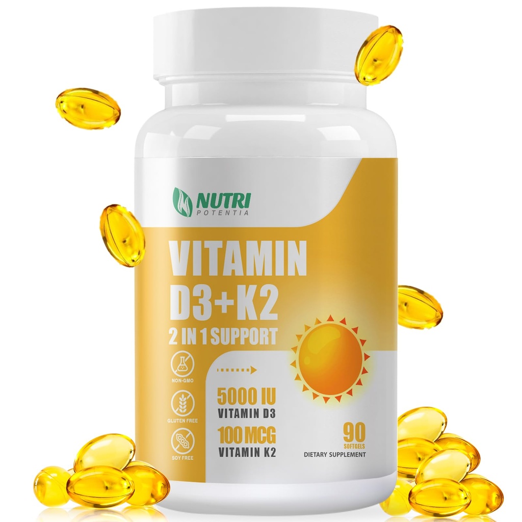 MCT Oil ile D3 Vitamin K2 Tamam, D3 5000 IU ve K2 100 mcg Softgel, Bone and Heart Health Support Supplement, Gluten Free - 90 Softgels