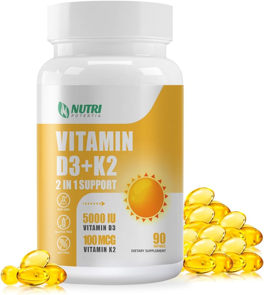 Vitamin D3 K2 Supplement with MCT Oil, Vitamin D3 5000 IU and K2 100 mcg Softgel, Bone and Heart Health Support Supplement, Gluten Free - 90 Count Softgels