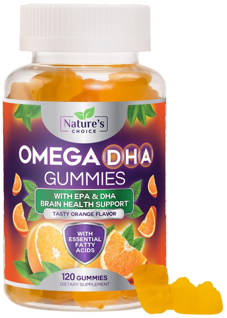 Omega 3 Fish Oil Gummies - Triple Strength Omega3 Gummy - DHA & EPA Fatty Acids for Heart Health, Joint & Brain Support, Nature's High Ab Omega Fish Oil Supplement, Orange Flavor- 120 Gummies