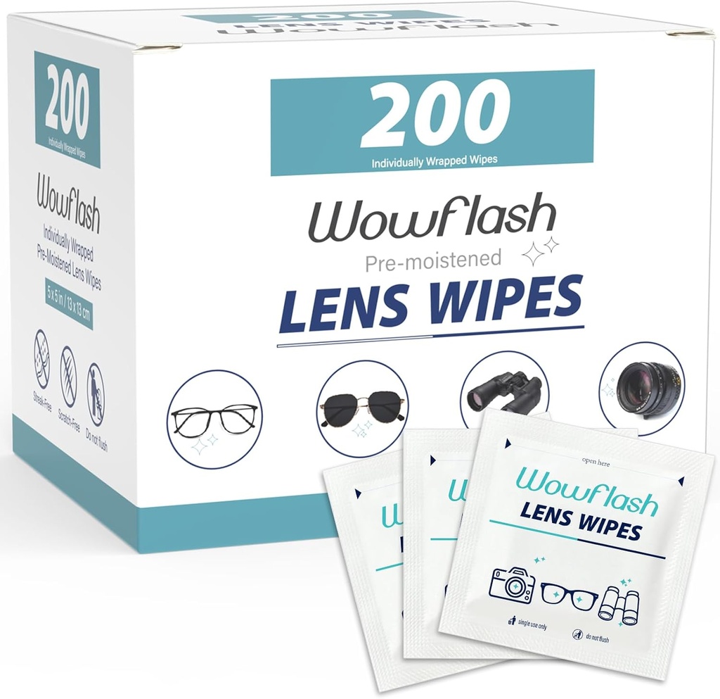 200 Kont Lensler için Wipes, Eyecam Lens Temizlik Wipes Pre-moistized Bireysel olarak Sracth-Free Streak-Free Eye Gözlükleri Suncam, Kamera Lens, Goggles