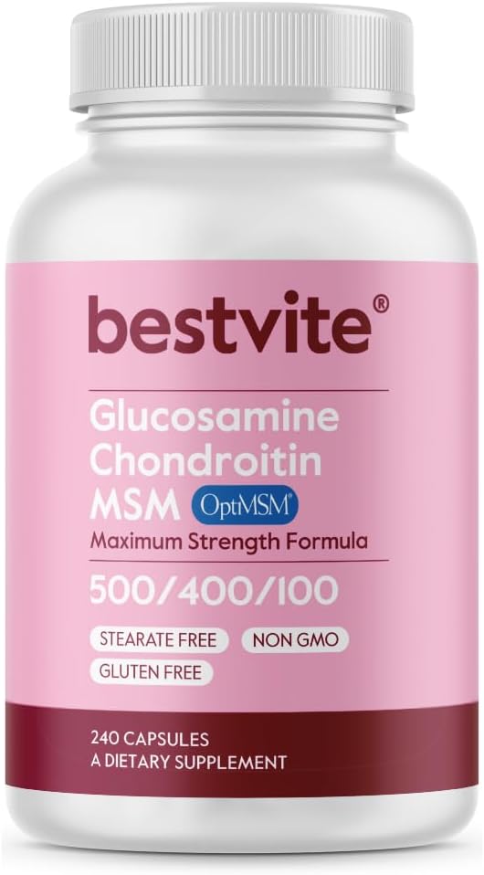 BESTVITE Glucosamine Chondroitin MSM 500/400/100 per Capsule (240 Capsules) Patentli OptiMSM - Ortak Destek için En Güçlü Formula - No Stearates - Gluten Free - Non GMO