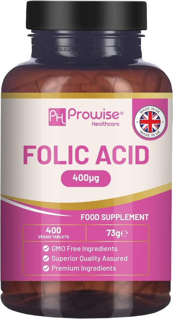 Folic Acid Tabletler 400 mcg - 400 Vegan Vitamin B9 Tabletler | 13 Ay Supply | Vitamin B9 Hamile Bakım | Normal Immune Sistemi ve Maternal Doku Büyümesi | İngiltere Made – Prowise