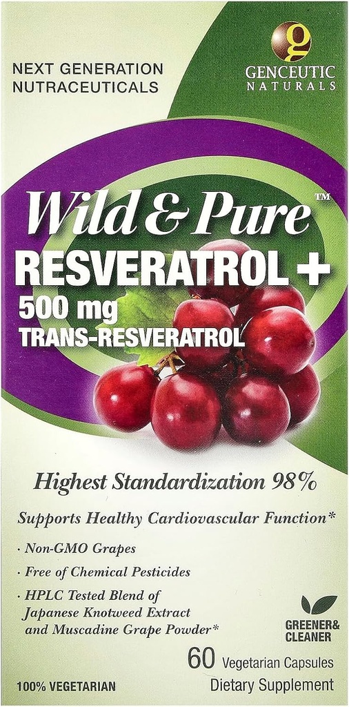 Genceutic Naturals Wild & Pure Resveratrol Vegetarian Capsules, 60-Count | Kalp Sağlığı | Anti Yaşlama | Genel Wellness