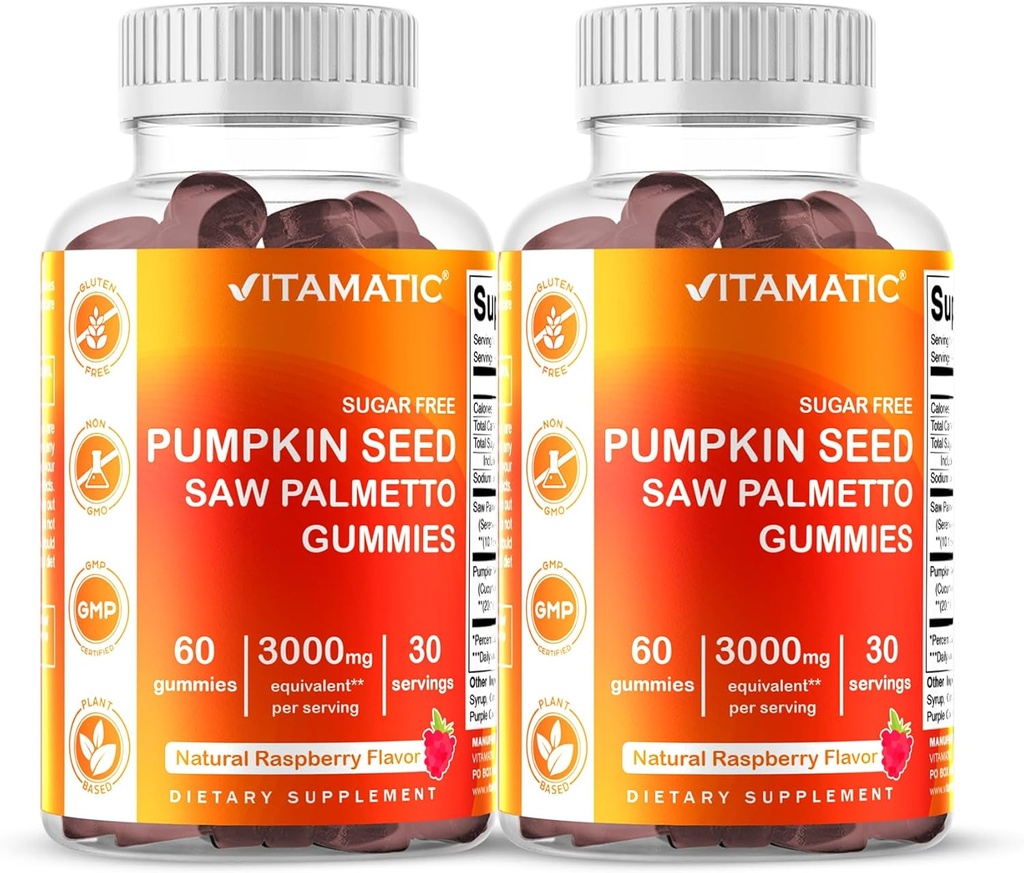 Vitamatic 2 Packs Sugar Free Riley Seed Gummies- 3000 mg Equivalent Per Service (20:1 ve 10:1 Ekstra 200 mg) - Saw Palmetto ile Yap - Doğal Raspberry Flavor - 60 Count